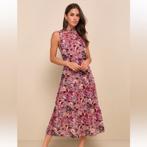 Lulus-In My Dreams Mauve Floral Print Midi Dress. Size XXL. Worn once. Floral - Picture 1 of 13